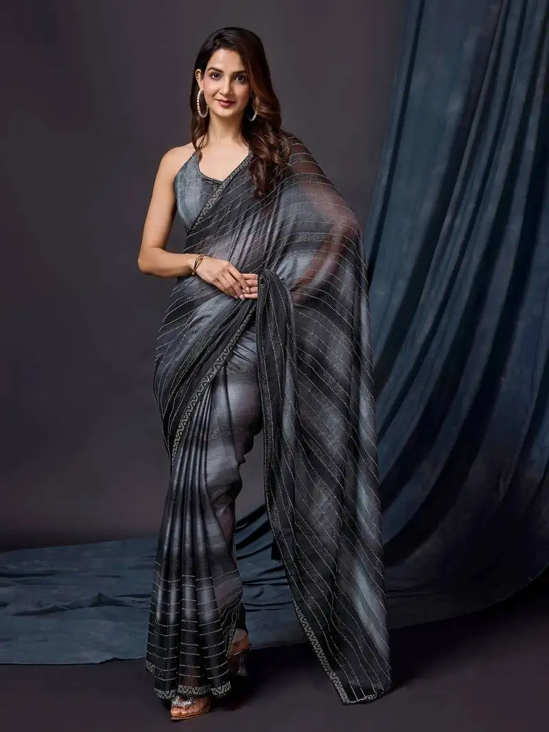 Black satin swarovski work party wear saree with unstitched blouse