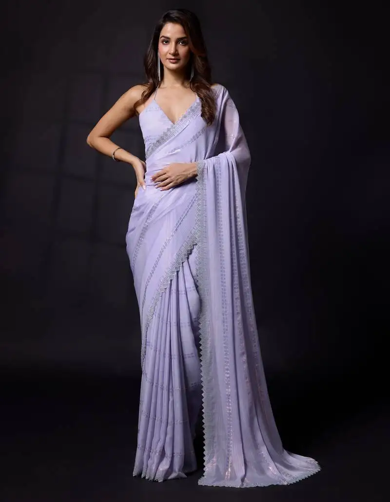 Purple chiffon swarovski work saree with unstitched blouse piece