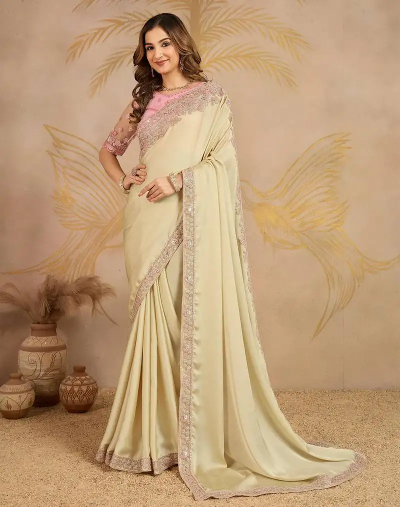 Beige satin sequin embroidery coding work saree with unstitched net blouse