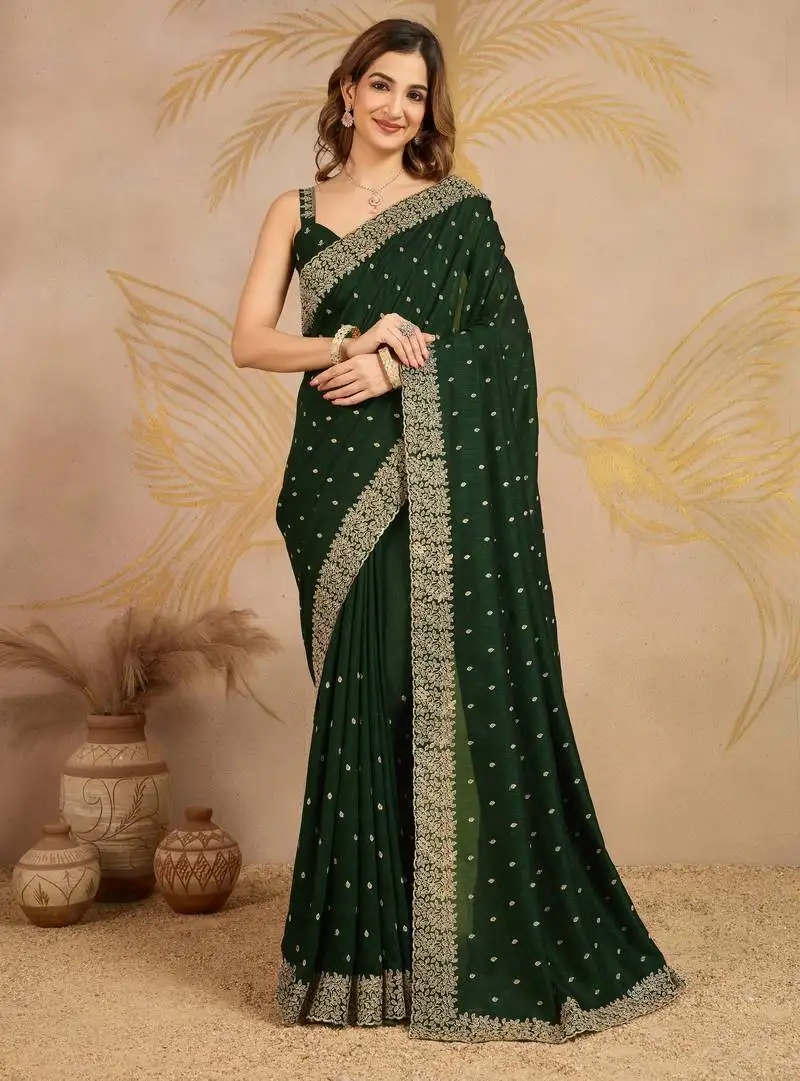 Green art silk embroidery saree with unstitched blouse