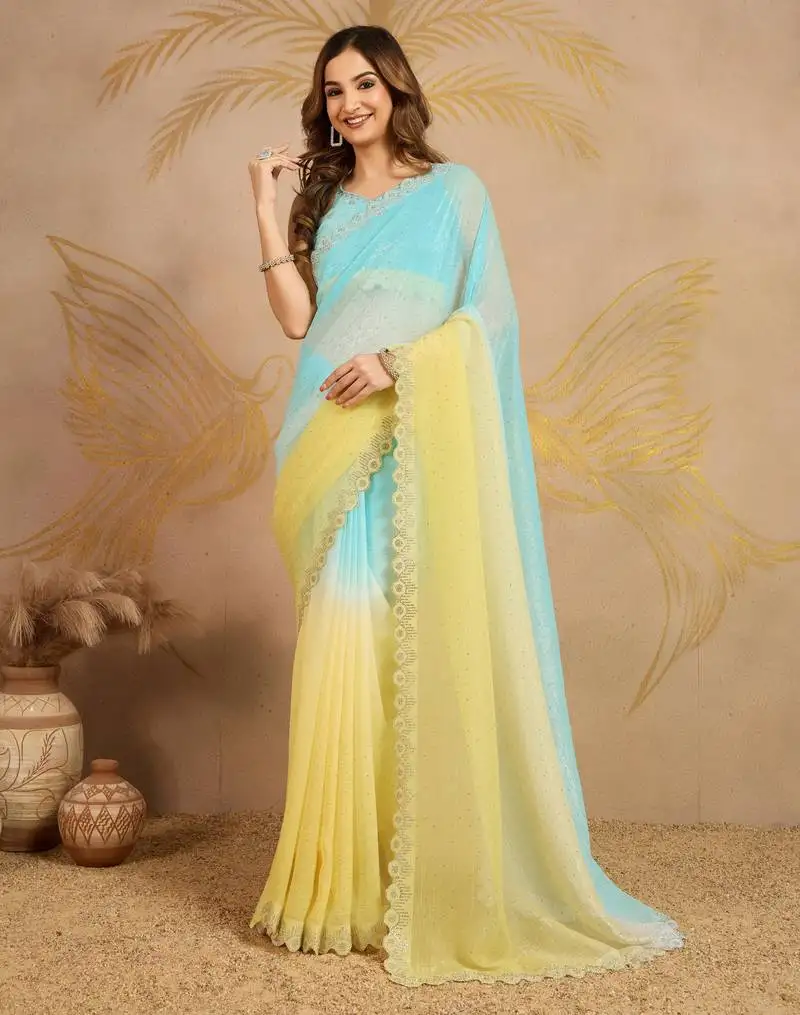 Skyblueyellow tussar silk swarovski work ombre style saree with unstitched blouse