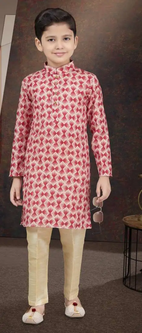 Red rayon degital printed kurta and silk dupion pajama for kids