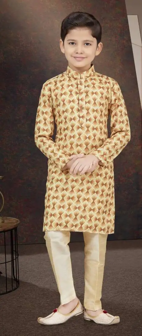 Yellow rayon degital printed kurta and silk dupion pajama for kids