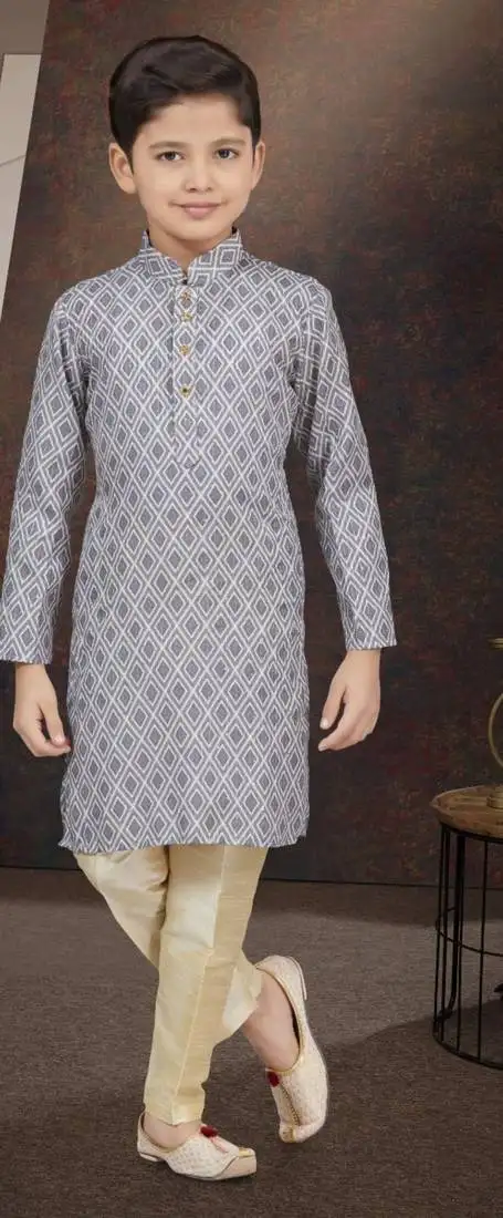 Grey rayon degital printed kurta and silk dupion pajama for kids