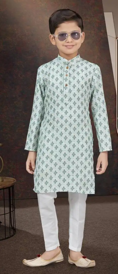 Green rayon degital printed kurta and silk dupion pajama for kids