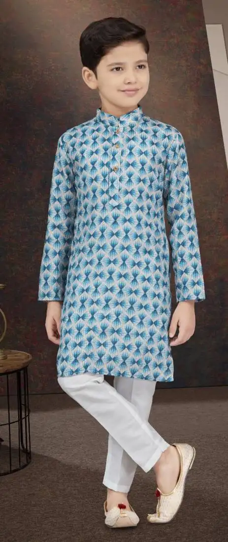 Blue rayon degital printed kurta and silk dupion pajama for kids