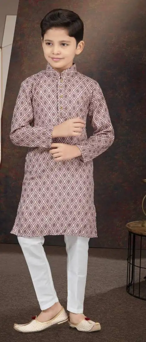 Brown rayon degital printed kurta and silk dupion pajama for kids