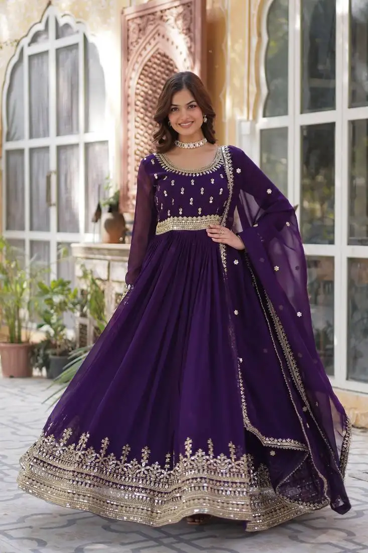 Purple designer readymade long kurti & duppta with embroidery sequins work