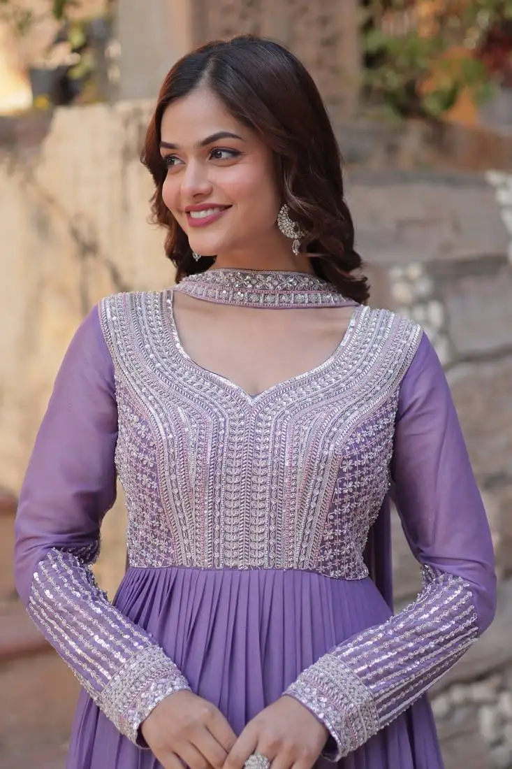Lavender georgette with embroidery beads sequins work long kurti & dupatta