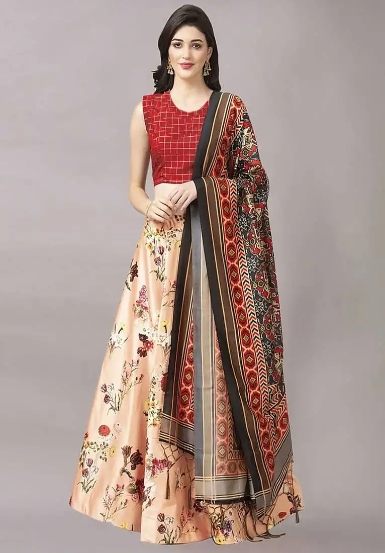 Beige digital floral print satin silk lehenga choli with dupatta