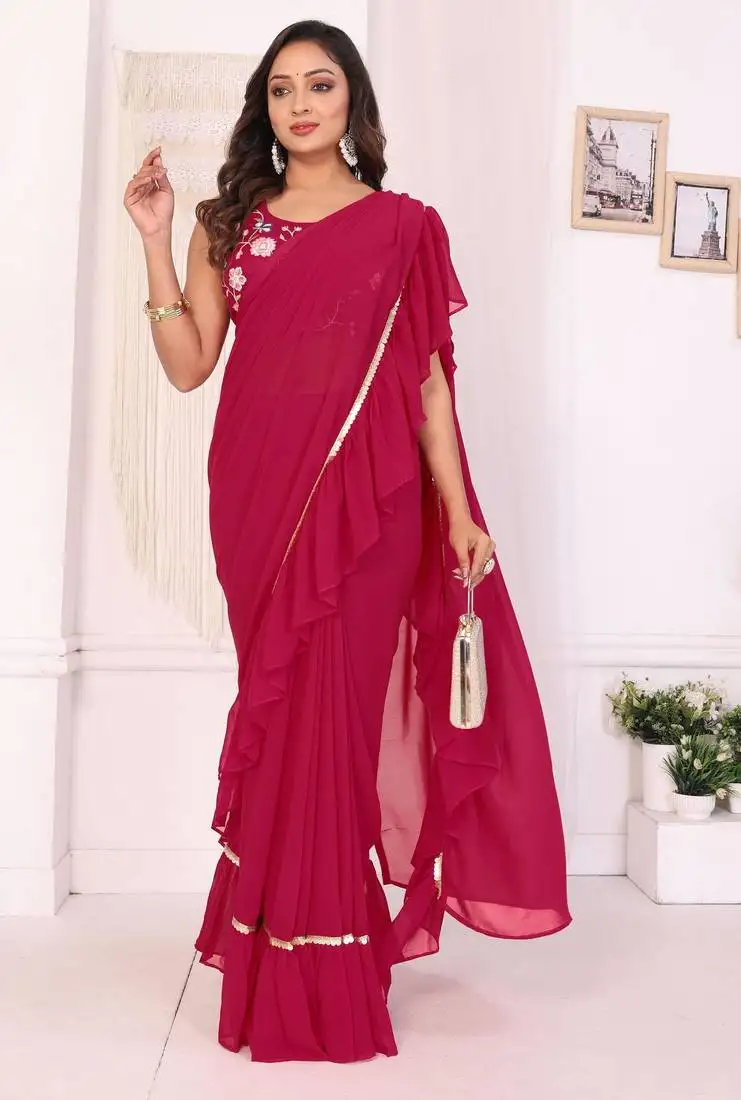 Rani georgette fabric ruffle style ready to wear saree with unstitched blouse