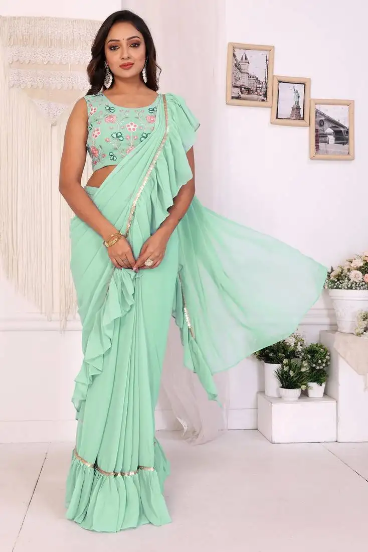 Sea green georgette fabric ruffle style ready to wear saree with unstitched blouse