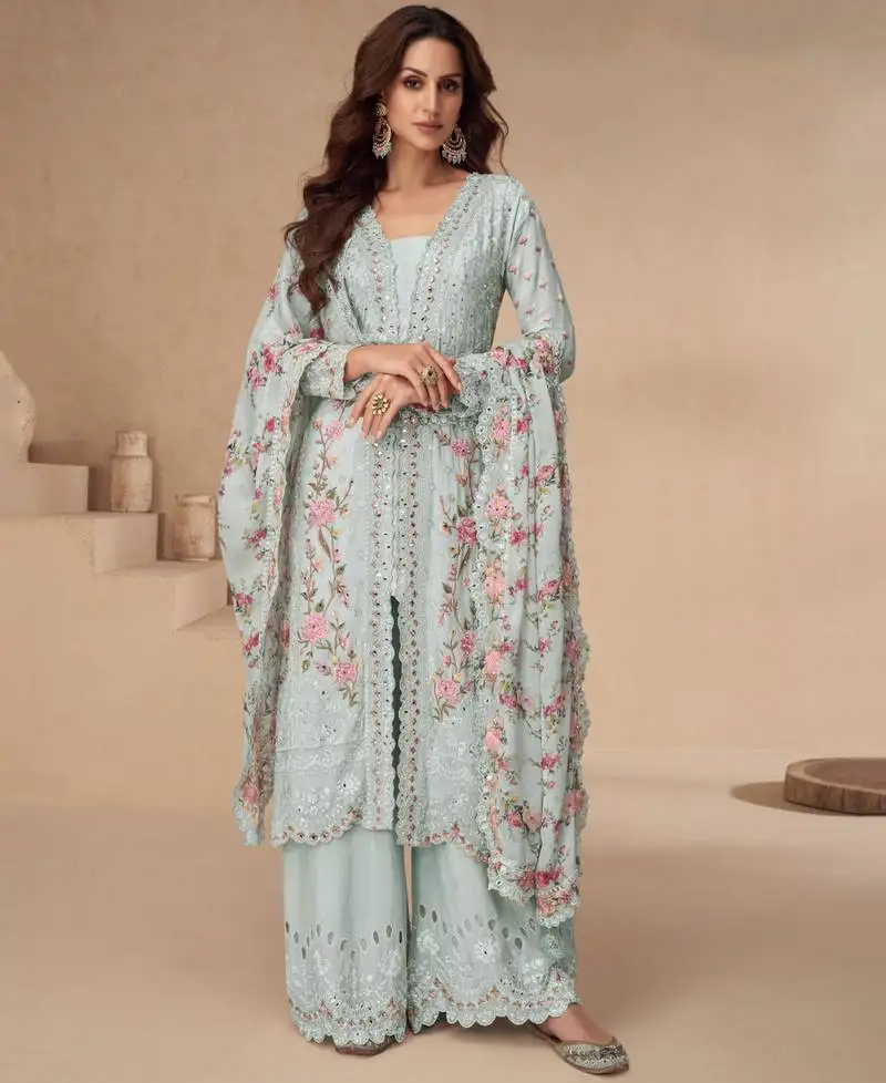 Sky blue chinon pakistani suit for women ethnic wear semi stitched