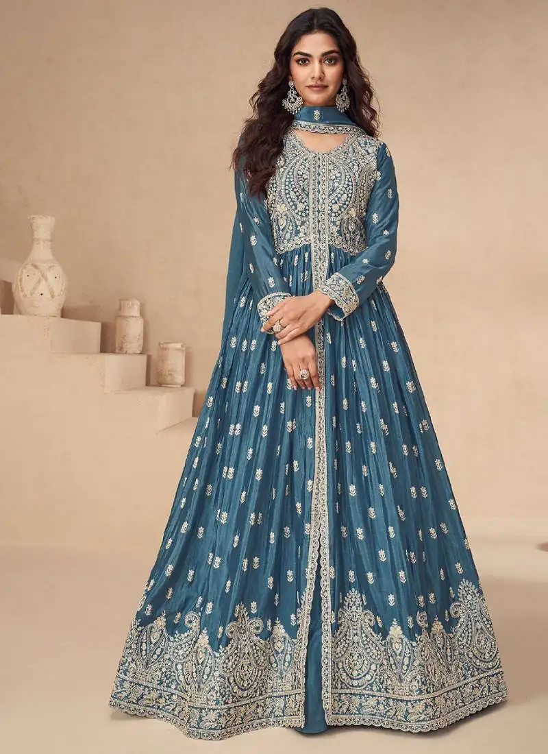 slit blue chinon anarkali set for women semi stitched