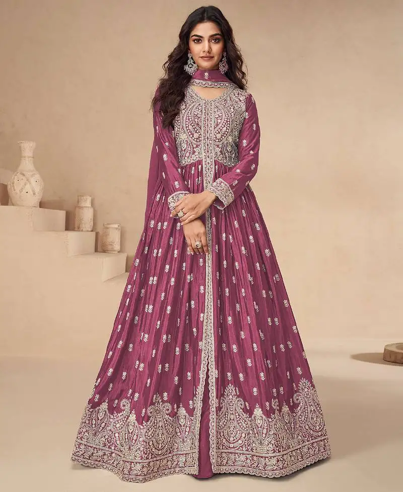 slit pink chinon anarkali set for women semi stitched