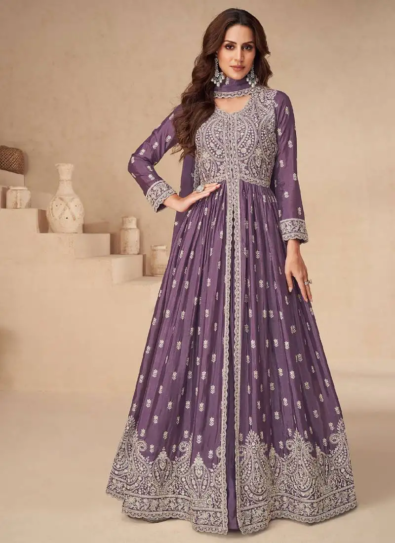 Front slit lilac chinon anarkali set for women semi stitched
