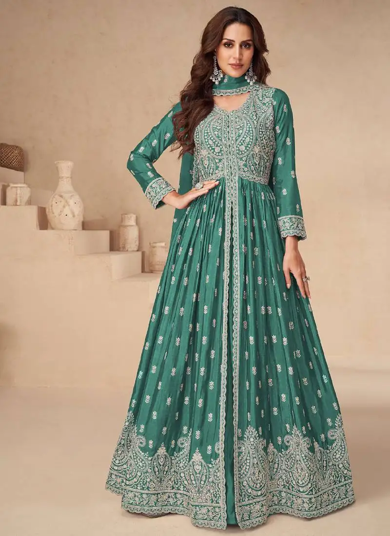 Front slit green chinon anarkali set for women semi stitched