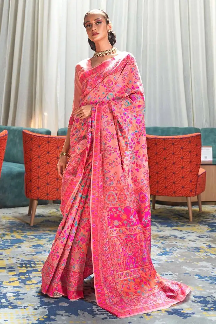 Cherry pink pashmina silk blend saree