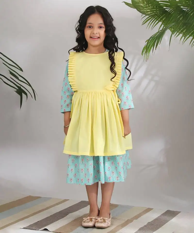 Yellow cotton woven girls dress