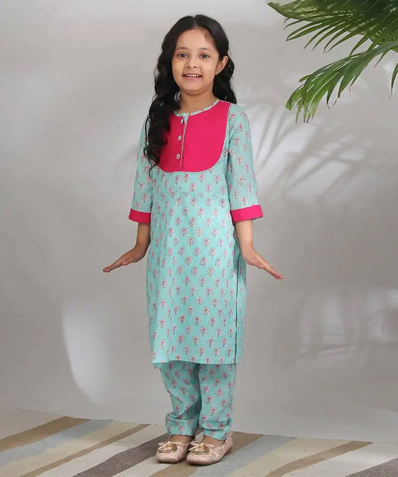Blue cotton woven girls kurta set