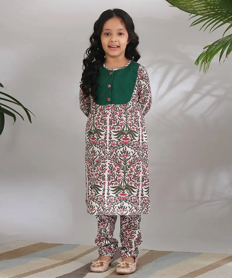 Multicolor cotton woven girls kurta set