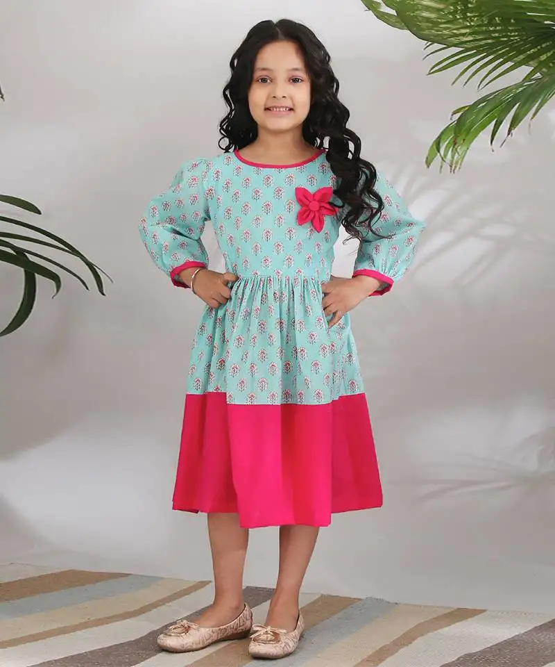 Blue cotton woven girls dress