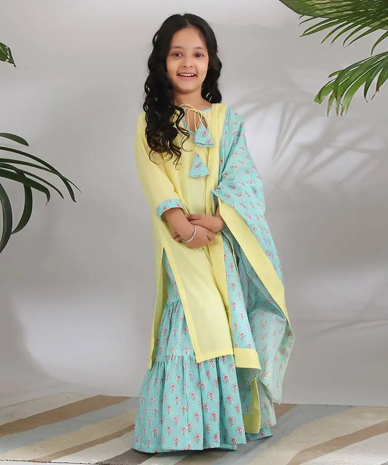 Yellow cotton woven girls sharara set
