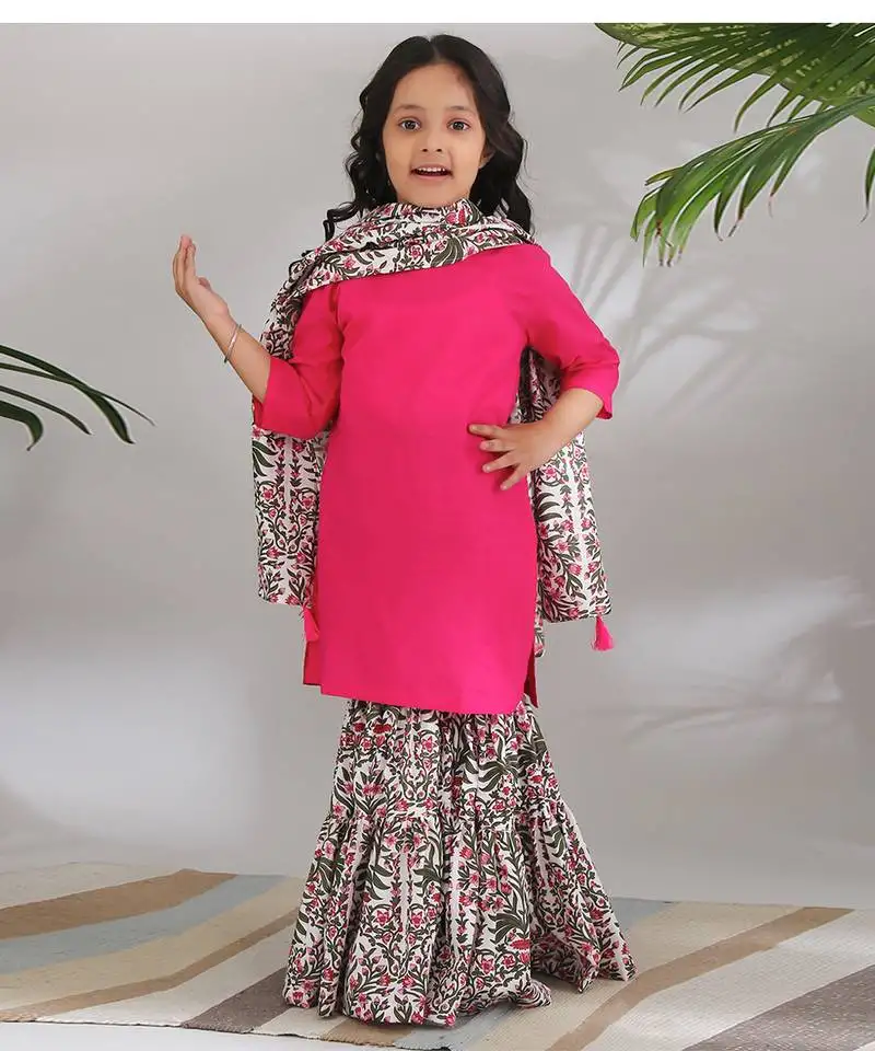 Pink cotton woven sharara set for girls