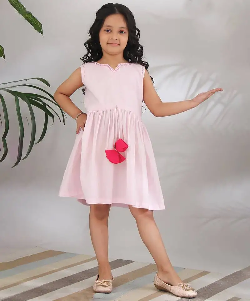 Blush cotton woven sleeveless dress for girls