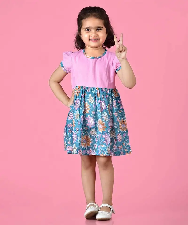 Pink cotton woven dress for girls