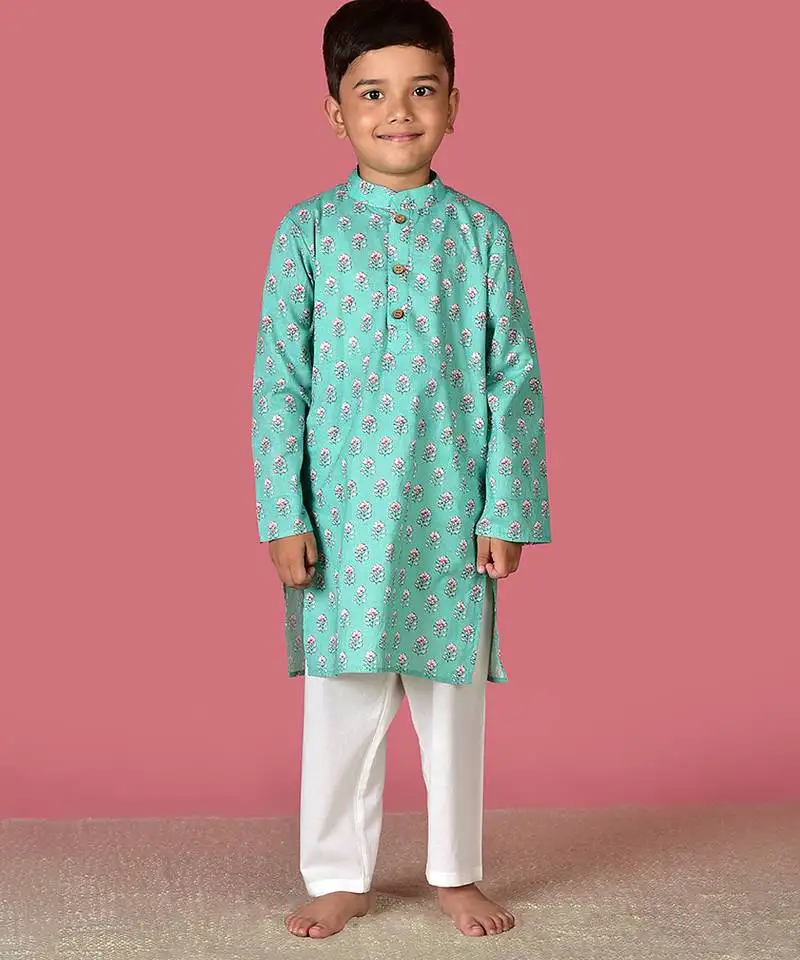 Blue cotton woven boys kurta pyjama