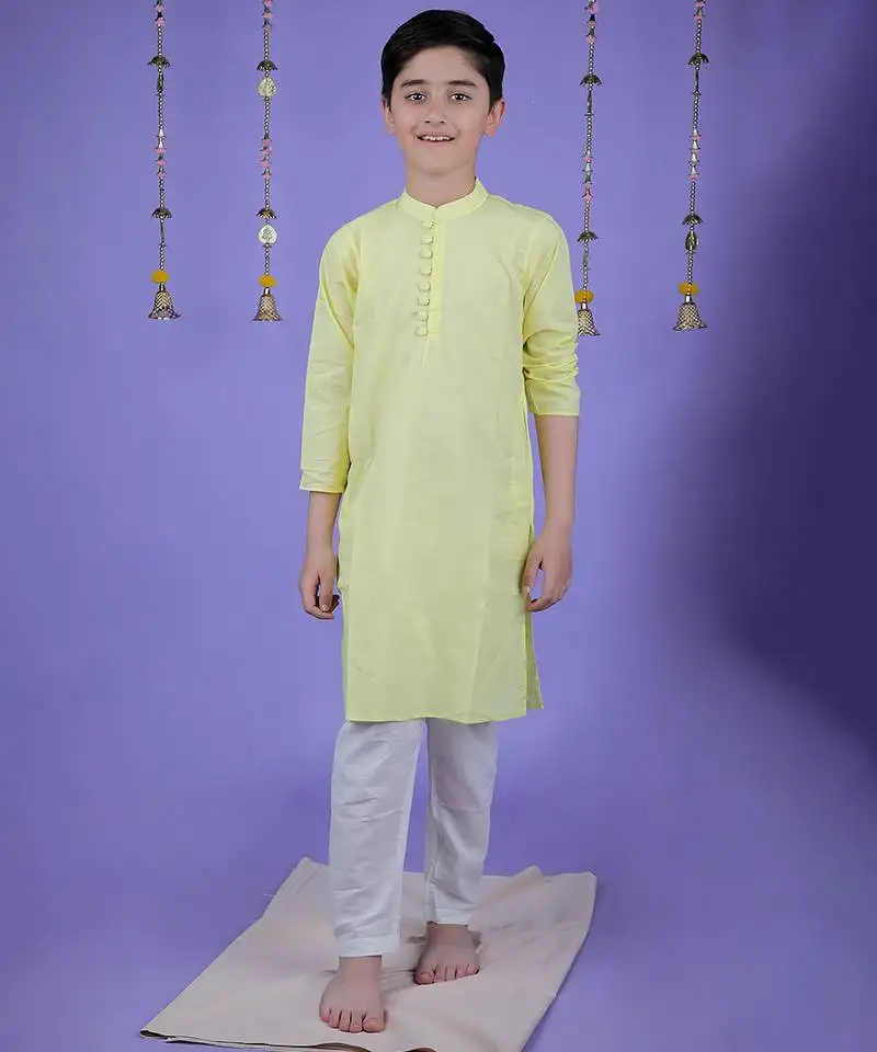 Yellow cotton woven boys kurta pyjama