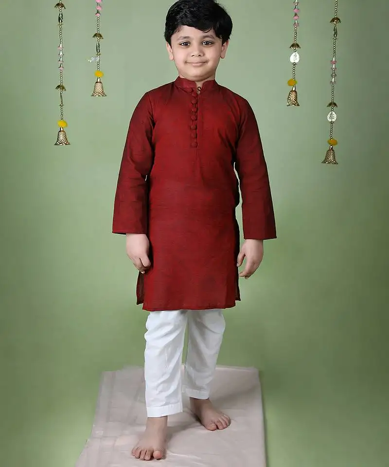 Maroon cotton woven boys kurta pyjama