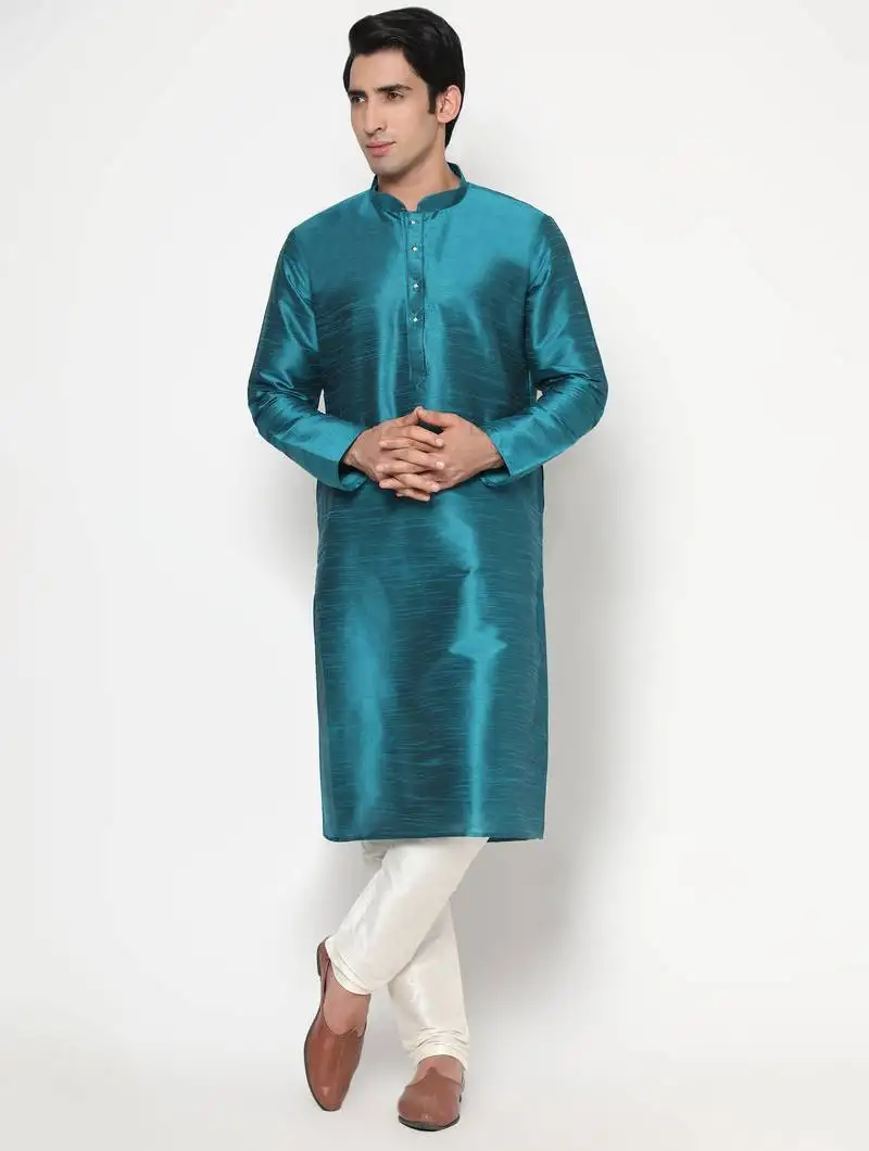 Teal blue silk kurta pajama set in with white churidar ethnic outfit for festivals & weddings