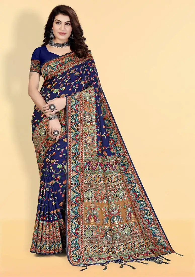 Royal blue ethnic woven saree with intricate designer heavy pallu detailing