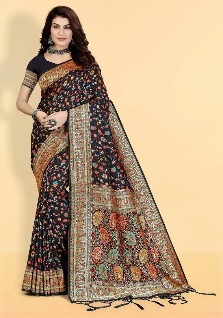 Elegant black banarasi silk saree with vibrant multicolor floral & paisley woven design