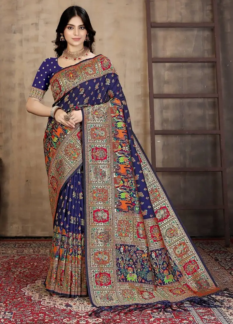 Majestic navy blue animal-inspired banarasi silk saree with rich multicolor pallu