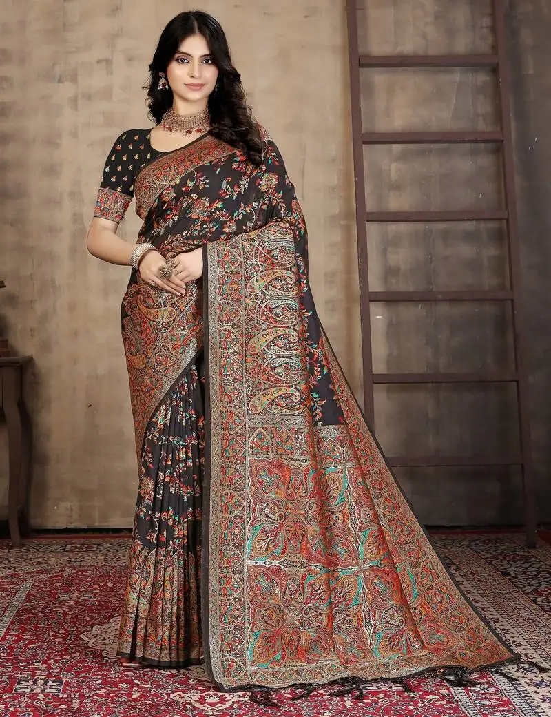 Regal black banarasi silk saree with intricate multicolor pashmina-inspired weaving