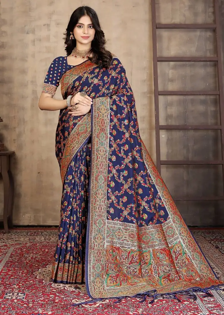 Majestic navy blue patola-inspired silk saree with intricate multicolor weaving