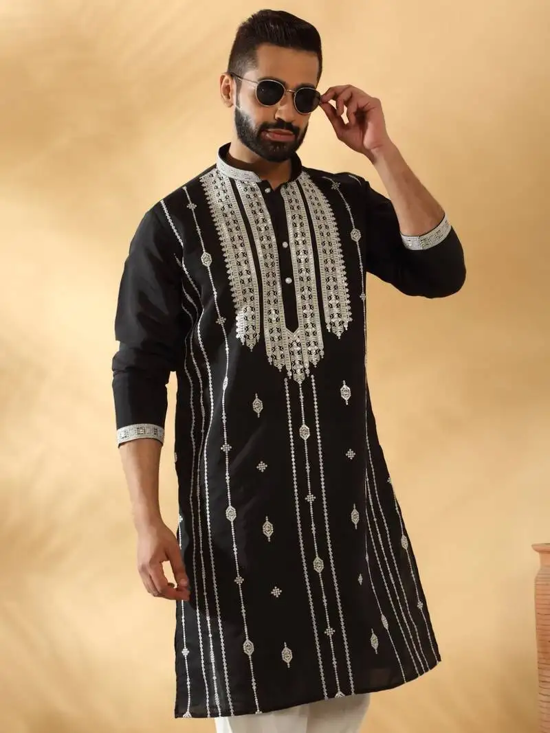 Cotton silk beads work zari embroidered sequin black kurta with trouser pant