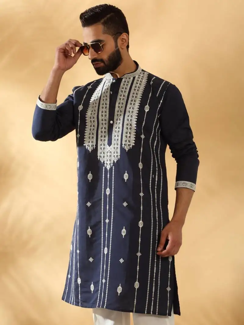 Cotton silk beads work zari embroidered sequin navy blue kurta trouser pant