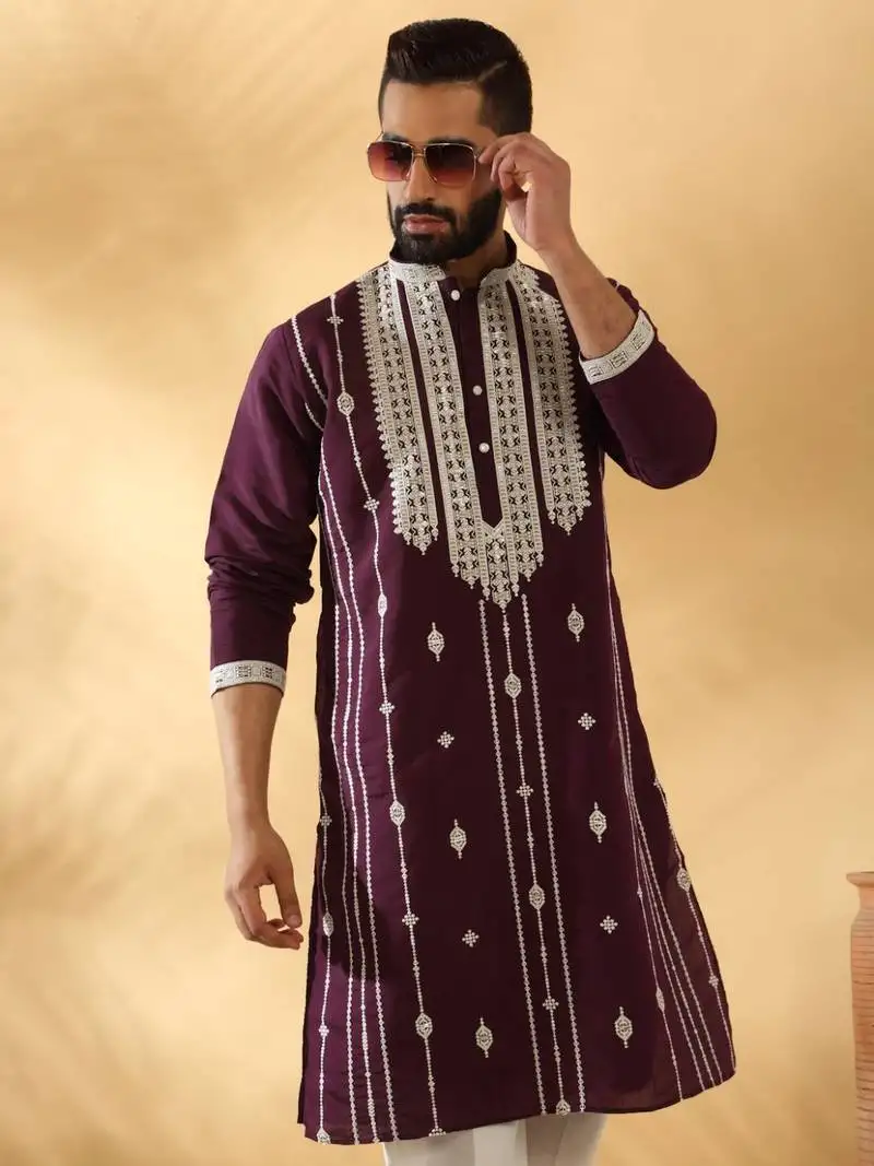 Cotton silk beads work zari embroidered sequin wine kurta trouser pant