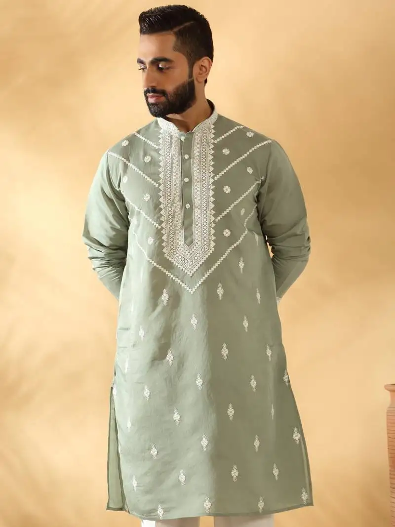 Cotton silk beads work yoke design embroidered sequin green kurta with trouser pant