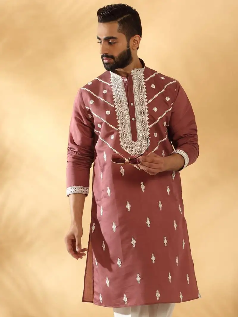 Cotton silk beads work yoke design embroidered sequin mauve kurta with trouser pant