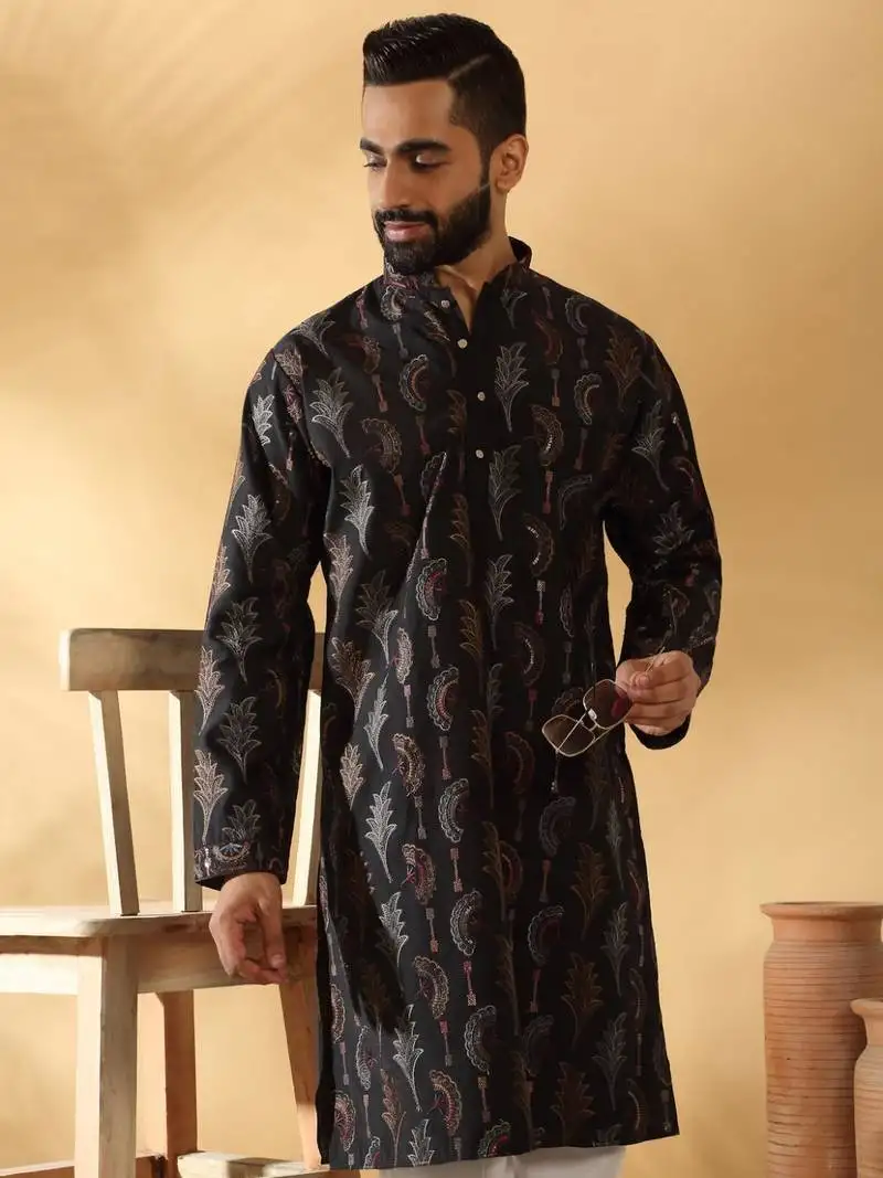 Cotton silk embroidered floral work black kurta with trouser pant