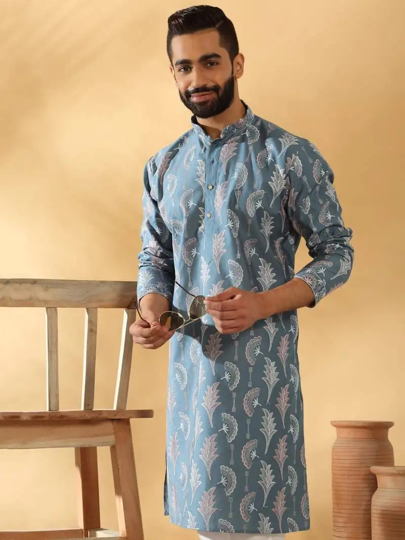 Cotton silk embroidered floral work blue kurta with trouser pant