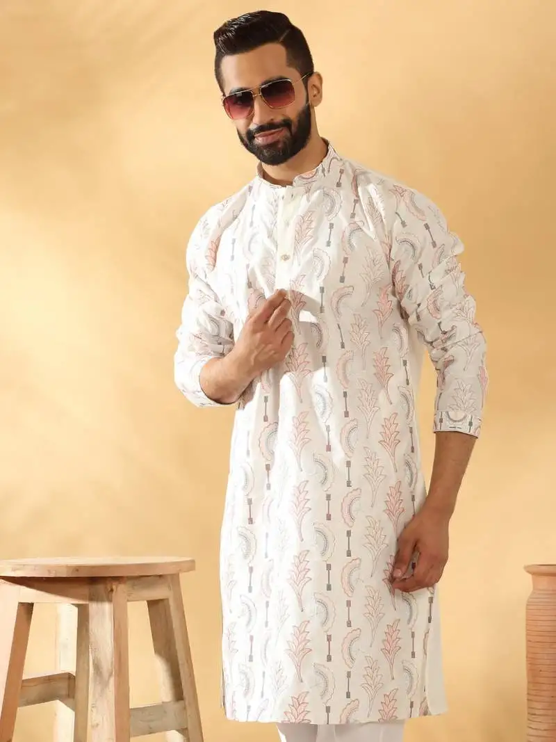Cotton silk embroidered floral work cream kurta with trouser pant