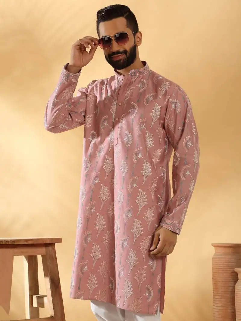 Cotton silk embroidered floral work mauve kurta with trouser pant