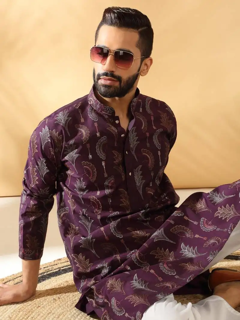 Cotton silk embroidered floral work wine kurta with trouser pant