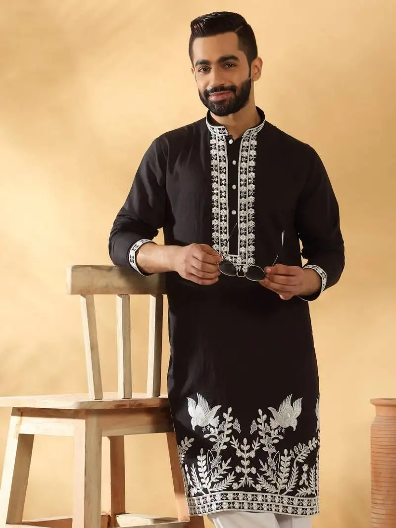 Cotton silk embroidered sequin work black kurta with trouser pant